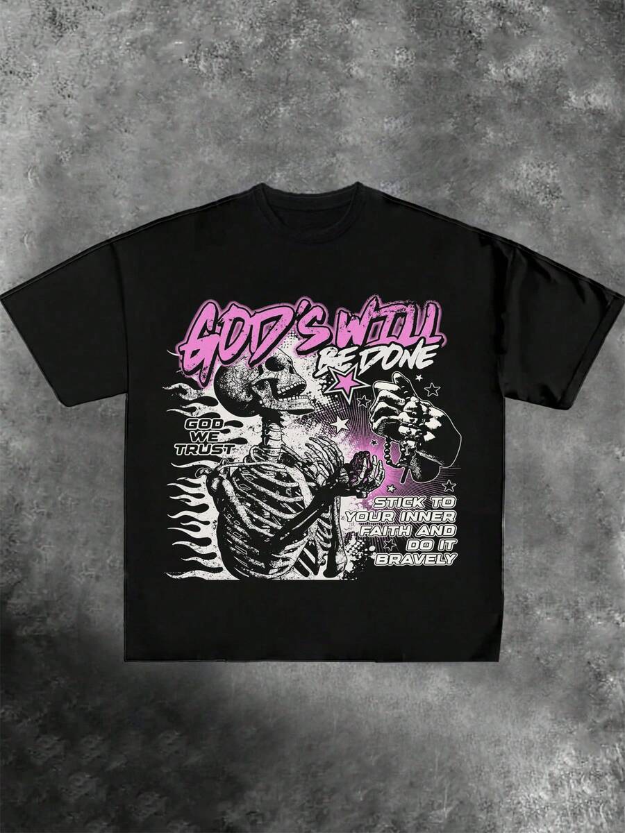 Plus Size Men, Black T-Shirt With "GOD'S WILL BE DONE" And Skull Graphic, 100% Cotton Print Casual Round Neck Short Sleeve T - Shirt, Halloween Gift, Summer, Unisex - 黑色 - 查看 1