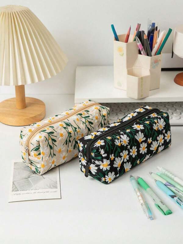 1 Korean Ins Style Daisy Canvas Pattern Large Capacity Pencil Case,Back To School,School Supplies,Pencil Pouch,School Bag Large Capacity Pencil Case,Simple Black Pen Bag, Simple & Sturdy Adult Multifunctional Stationery Organizer,Multifunctional Storage Bag, Pencil Case, Cosmetic Bag For School, Stationery,Holiday Gifts, School Gifts, Back To School Random Style Delivery