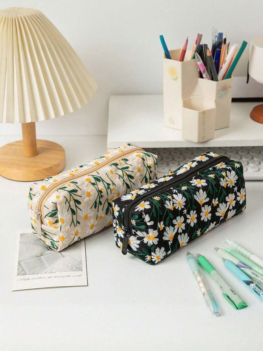 1 Korean Ins Style Daisy Canvas Pattern Large Capacity Pencil Case,Back To School,School Supplies,Pencil Pouch,School Bag Large Capacity Pencil Case,Simple Black Pen Bag, Simple & Sturdy Adult Multifunctional Stationery Organizer,Multifunctional Storage Bag, Pencil Case, Cosmetic Bag For School, Stationery,Holiday Gifts, School Gifts, Back To School Random Style Delivery