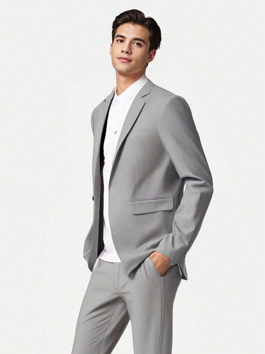 2 Pieces Formal Men Suit, Solid-Color Office/Party/Business Blazer Jacket & Pants Set - Grey - View 1