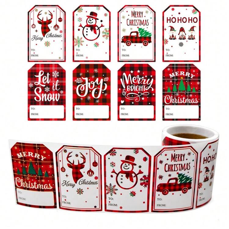 100 个/卷圣诞礼物标签自粘圣诞姓名标签布法罗格子礼品贴纸标签，圣诞节圣诞节圣诞装饰圣诞睡衣圣诞礼物圣诞装饰 - 彩色 - 查看 9