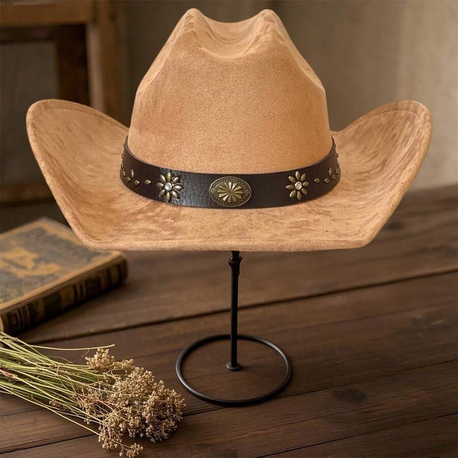 Sombrero de vaquera para hombre y mujer, sombrero Fedora de ala ancha con remaches y cinturón, sombrero de lana de fieltro, gorra de jazz para fiesta - Camel - Ver 1