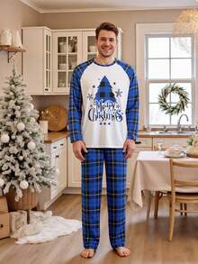 2-Piece Family Matching Christmas Set - Tree Print Long Sleeve Top And Plaid Pants, Holiday Loungewear