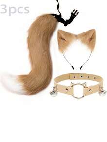 Set de 3 piezas: Diadema con orejas de gato, accesorio de cola de zorro, segundo elemento, orejas de animal, set de cola de animal, collar y pinza para el cabello, adecuado para varios festivales y disfraces de fiesta - Multicolor - Ver 2