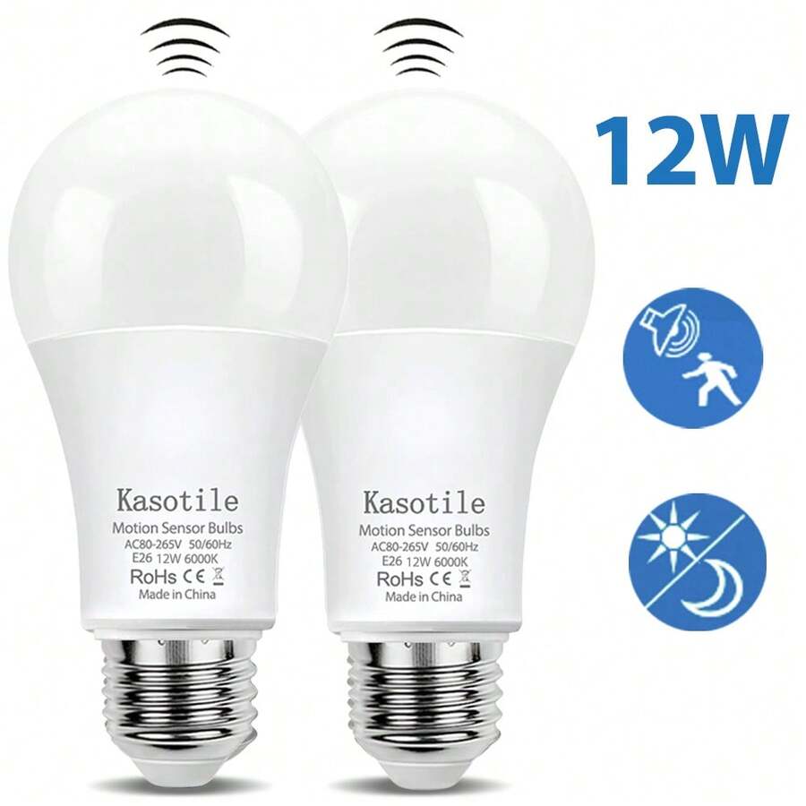 Kasotile LED人体感应灯泡，A21型，相当于60W白炽灯，黄昏到黎明自动感应，12W，E26灯头，自动开关，适用于室内照明，如门廊、楼梯、走廊、车库、庭院等，3000K暖白光/6000K日光，1个装