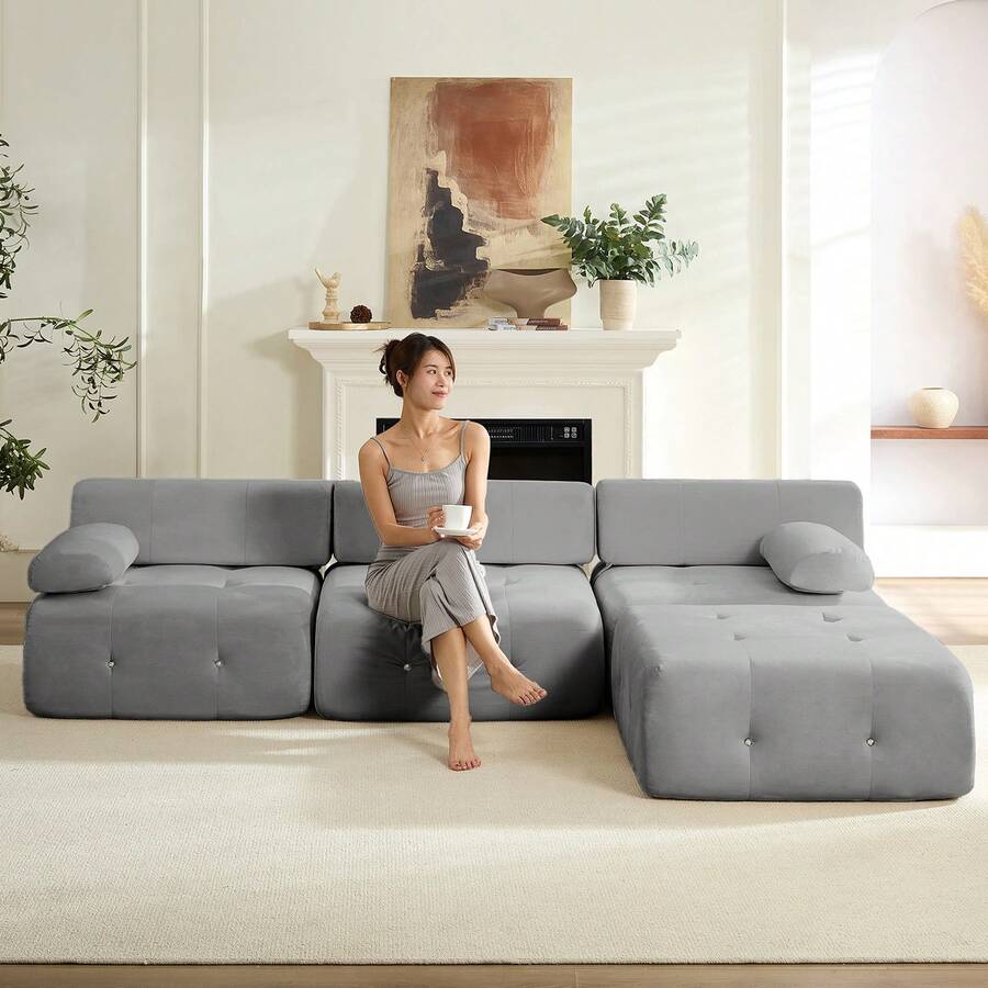 Modular Sectional Sofa With Ottoman,100inch 3-Seater Sofa Couch With Ottoman,Velvet L Shaped Couch For Living Room - Màu Xám nhạt - Xem 1