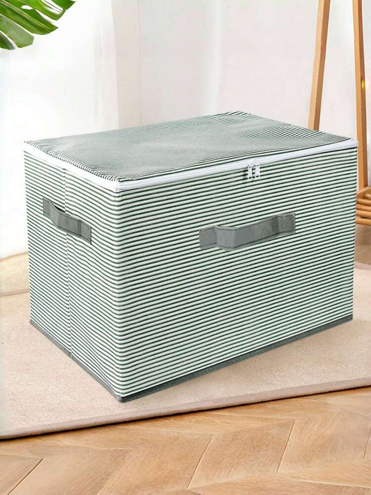 1 个绿色条纹收纳盒，无纺布材质，双手柄和盖子，容量大，防潮，防尘，拉链设计，适用于衣柜、床上用品、玩具收纳、客厅、卧室，多种尺寸可供选择，满足不同的收纳需求，可折叠节省空间 - 綠色 - 查看 5