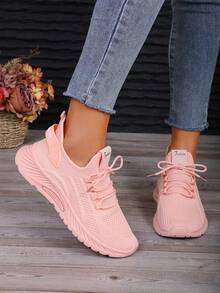 4 Season New Knit Mesh Breathable Lace-Up Casual Sneakers, Comfortable Elastic Soft Sole Outdoor Running Shoes, Walking Shoes, Commuting Shoes, Fitness Shoes - Pink - View 5