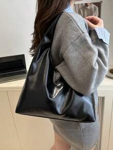 Damska torba na ramię z jednokolorowej skóry PU o dużej pojemności, modna, do codziennego użytku - Czarne - Zobacz 3