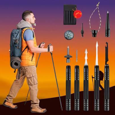 [Bestseller] Multi-Functional Hiking Stick Tactical Hiking Pole - Tool Equipment Hiking Pole, Adjustable Tactical Hiking Walking Stick, With Built-In Canvas Storage Bag And Compass, Easy To Carry, Suitable For Outdoor Hiking And Trekking.