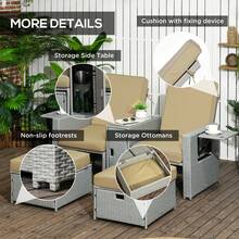 Outsunny 5PC PE Rattan Sun Lounger, Outdoor Wicker 5-Level Adjustable Recliner Sofa Bed With Storage Side Table And Footstools, For Patio, Garden, Poolside, Beige - Beige - View 6