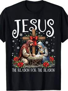 Camiseta de algodón de inspiración vintage para hombres "Jesús es la razón" - Cuello redondo negro de manga corta con escena de la Natividad y diseño "La razón de la temporada", ropa casual para todas las estaciones, camiseta gráfica religiosa de impresión digital, ropa festiva, camiseta de patrón geométrico, ropa casual duradera, ropa de vacaciones, impresión de alta calidad, camiseta para hombres, compradores de vacaciones - Negro - Ver 1
