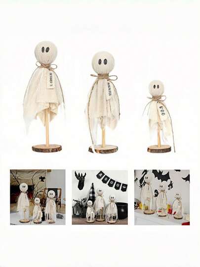 3 件套原始万圣节幽灵木制支架 - 桌面中心装饰、分层托盘装饰、适合秋冬家居架子壁炉架的乡村风格恐怖工艺品、桌面中心装饰、架子和壁炉架的室内装饰支架