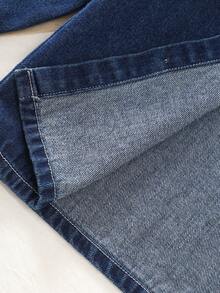 小男孩休闲时尚街头卡通刺绣拼布口袋长袖牛仔衬衫，秋季/春季 - 深色水洗藍 - 查看 7