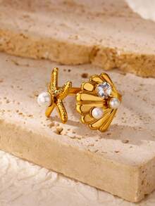 1 件时尚双海星开口戒指女士金色不锈钢戒指夏季海滩派对珠宝礼物 - 彩色 - 查看 9