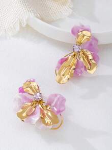 2 件时尚简约粉色和金色不对称夸张耳环，百搭，适合女性度假佩戴 - 白粉紅色 - 查看 6