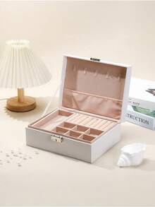 1pc Dual Layer Large Capacity Jewelry Box, Minimalist Leather Jewelry Storage Box, Portable Solid Color Rectangular Jewelry Organizer, Vanity Jewelry Box With Drawer, PU Leather Travel Jewelry Box, Convenient For Travel, Dual Layer Storage Box, Large Capacity For Earrings, Necklaces, Bracelets