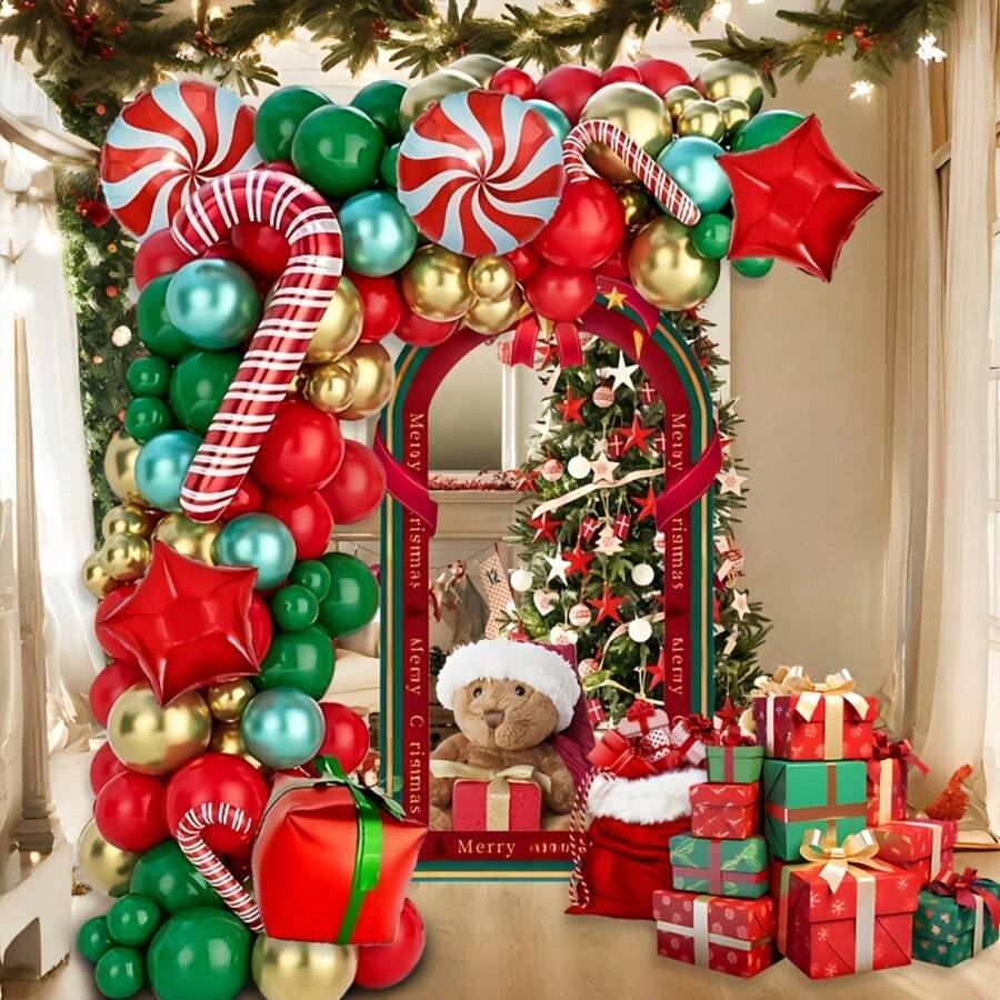 105pcs Christmas Happy Party Balloon Arch Set, Gift Box Candy Cane Foil Balloons In Classic Red & Green Christmas Colors, Ideal For Christmas Party Decor, Birthday, New Year Party Supplies