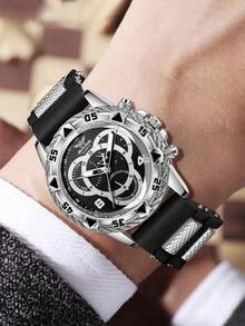1pc Men's Silicone Watch Band, Casual Sports 3-Eye Digital Dial Quartz Watch, Suitable For Daily Wear Or As Holiday Gift For Friends - Black - View 3