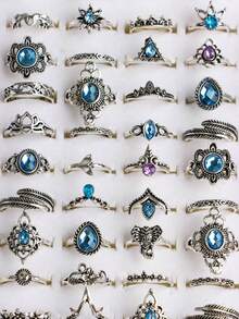 20pcs/Set Vintage Elegant Bohemian Style Artificial Stone Rings, Casual Party Gift, Everyday Jewelry Accessories For Men & Women - 20 Blue Glass Pinky Rings - View 6