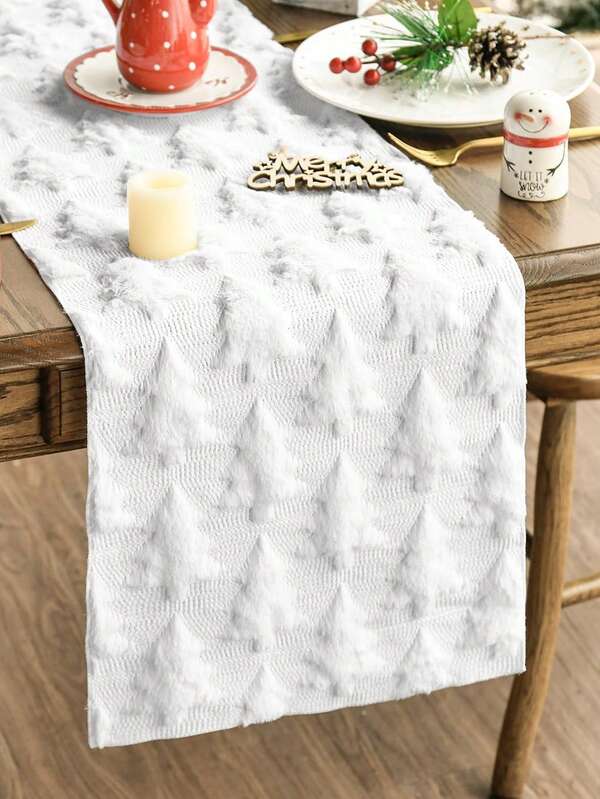 1pc White Christmas Trees Soft Plush Faux Fur Jacquard Christmas Table Runner, Christmas Theme Tablecloth,Holiday Kitchen Dining Table Decoration For Home Party Decor,Room Decoration, Holiday Party Decoration,Holiday Dining Indoor/Outdoor Use