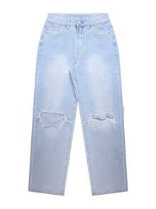 NVFelix 女士做旧直筒牛仔裤，复古休闲户外风格，蓝色，适合冬季、感恩节和新年穿着 - 淺色水洗藍 - 查看 10