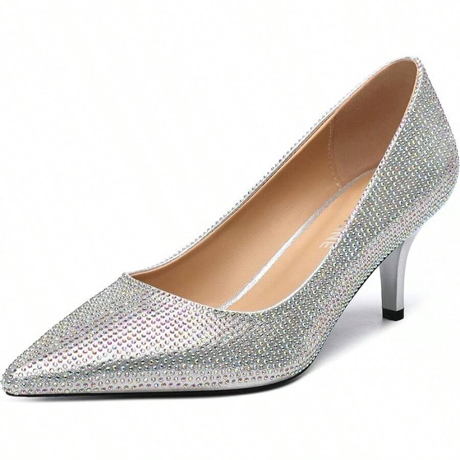 Women's Pumps Pointed Closed Toe Low Heels Dress Shoes For Work Business Office Wedding Casual 2.3 Inch-20256688 - 銀色水鑽 - 查看 1