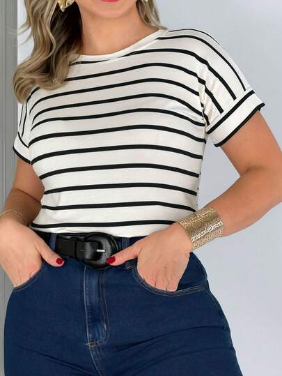 BLUSA MANGA JAPONESA LISTRADA CONTEMPORANEA CASUAL ELEGANTE TRABALHO LOOK DIA A DIA CONFORTÁVEL PRETO E BRANCO