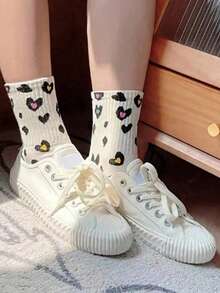 9 Pairs Women Leopard Print & Heart Pattern Mid-Calf Socks, Fashionable Minimalist Unique Retro Street Style Design, Suitable For Casual Outfits - Multicolor - View 12