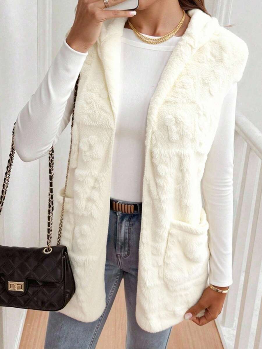 Chaleco Liso para Dama Chaleco con estampado floral de Borreguita con Bolsillo y Capucha para Mujer - Estilo Casual y Acogedor para Invierno. - Blanco - Ver 1