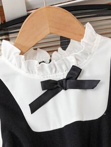 Young Girl Casual 2 In 1 Colorblock Bow Striped Long Sleeve Button Ruffle Collar A-Line Hem Dress, Suitable For Daily, Home, Outdoor, Sports, Spring/Autumn - Black and White - View 5