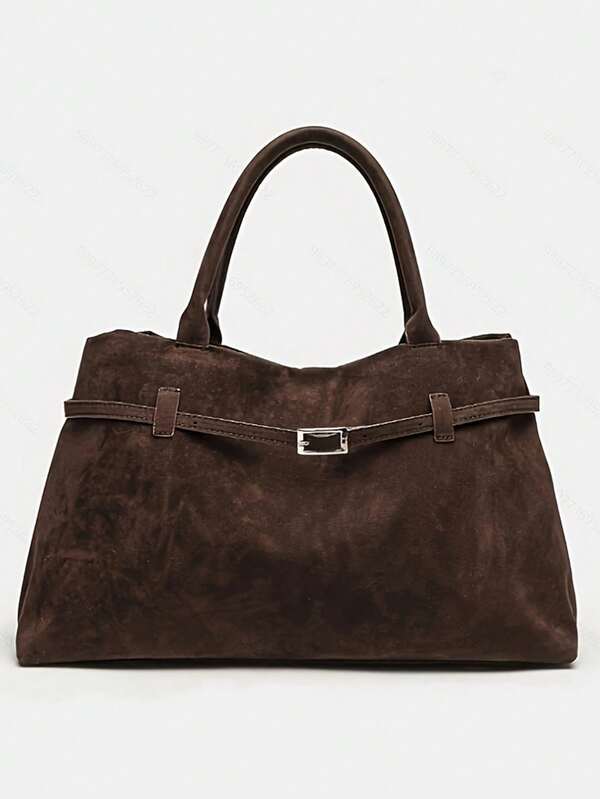 1pc BUTFLY Vintage Style Large Capacity Suede Handbag, Solid Color, Fixed Shoulder Straps, Buckle Closure, Polyester Lined, Fabric Tote For Daily Commute, Date, And Travel