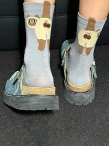 1/4 双卡通猫 3D 铃铛蛋女士袜子，四季中筒袜，可爱俏皮，采用四种动物图案：哈士奇、北京犬、柴犬、暹罗猫、卡通猫和狗铃铛蛋图案 - 彩色 - 查看 8