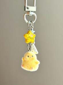 1pc Unisex Cartoon Flocked Chick Keychain Cute Heart-Shaped Pom Pom Pendant Bag Charm Accessory Fall Y2K - Yellow - View 1