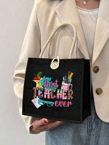1个“最佳教师”印花亚麻手提袋，可重复使用印花手提包，女士双提手购物书包，大容量单肩包，休闲手提包，圣诞节收纳袋，适合通勤、上学、购物、户外活动，可作为礼物送给朋友、女朋友，教师节、节日等场合。 - 黑色 - 查看 11