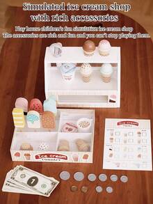 儿童木制冰淇淋柜台玩具套装，幼儿女孩玩具厨房玩具套装过家家礼物，适合 3 4 5 6 岁女孩或男孩，食物舀取和盛放玩具，适合 3-8 岁儿童的玩具厨房套装