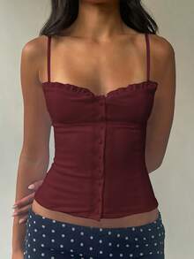 Sunny Girly Fall Women Clothes Y2k Back To School A Sexy And Pure Style Button-Down Front Button-Fitted Halter Top Romantictops Going Out Tops Women - Burgundy - View 5