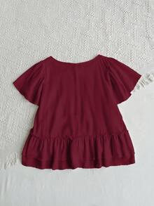 Rusttydustty 女士白色V领短袖叠层下摆衬衫，波西米亚风格，适合海滩、夏威夷音乐节和热带度假等夏季穿着 - 酒紅色 - 查看 3