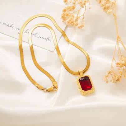 1Pc Rectangle Pendant Necklace | Ruby Crystal 18K Gold Herringbone Chain | Meaningful Jewelry Gift For Mother Daughter Girlfriend