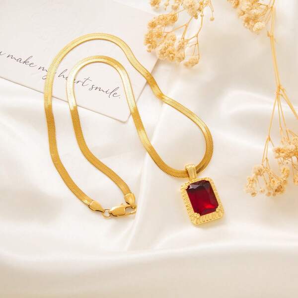 1Pc Rectangle Pendant Necklace | Ruby Crystal 18K Gold Herringbone Chain | Meaningful Jewelry Gift For Mother Daughter Girlfriend