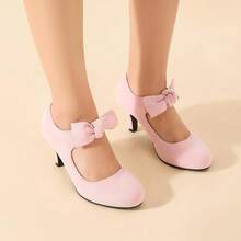 Women's Cute Bow Heels Mary Jane Kitten Heel Pumps Closed Round Toe Low Heels Ankle Strap Wedding Evening Party Dress Office Work Church Shoes-20256688 - 粉紅色絨面革 - 查看 2