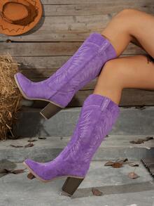 Women's New Fashion Solid Color Embroidered Slip-On High Heel Boots, - Purple - View 5