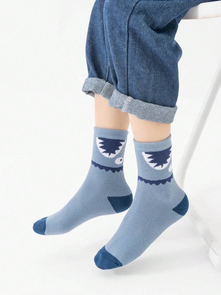 5 Pairs Boys' Crew Socks, Toddler Kids' Mid-Calf Socks, White & Blue, Color Block, Cartoon Letter, Striped, Shark Pattern, Plush Lining, Spring/Autumn & Winter, Thick, Suitable For Daily Wear, Gifts, Cute, Fashionable, Minimalist, Suitable For Daily Outfit, Students, Warm - Multicolor - View 6
