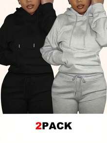 Mujer paquete set pack 2 sudaderas con capucha ajustable bolsa de canguro cuello redondo manga larga otoño invierno uso casualhoodie calientita - Multicolor - Ver 1