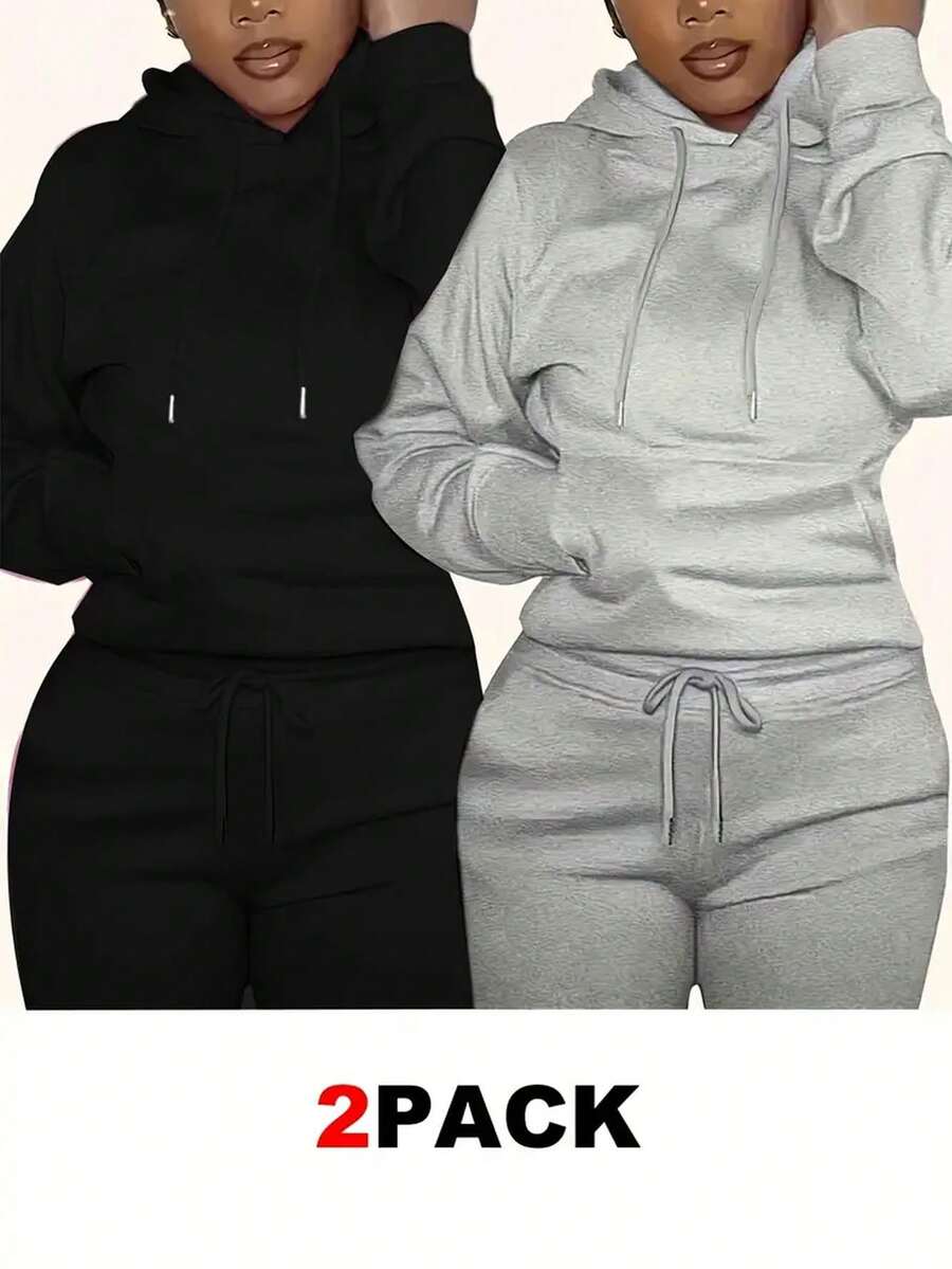 Mujer paquete set pack 2 sudaderas con capucha ajustable bolsa de canguro cuello redondo manga larga otoño invierno uso casualhoodie calientita - Multicolor - Ver 1