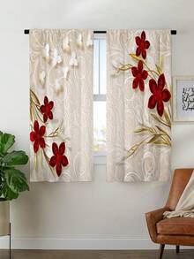 2pcs Red Flower Printed Window Curtain,Without Holes Curtain, Refer To Bedroom Office Kitchen Living Room Study Home Decor - Multicolor - View 10