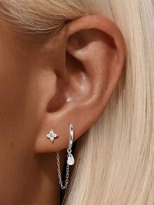 EleRunis 1PC 925 Sterling Silver Prong Setting Stud Long Tassel Cartilage Helix Piercing Jewelry For Women Daily Wear Wedding Party Engagement Anniversary Valentine's Day - Silver - View 3