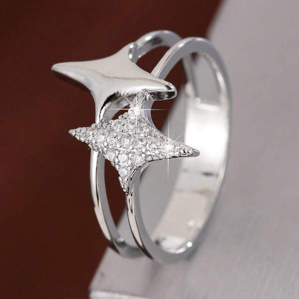 Anel feminino minimalista de zircônia cúbica com design de estrela de quatro pontas e linha dupla 1 peça