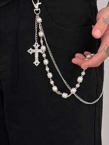 1 件波西米亚多层几何链，人造珍珠串珠十字流苏吊坠身体链，嘻哈时尚，街头风格，休闲，派对，男女通用珠宝腰链礼物 - 褲鏈 - 查看 2