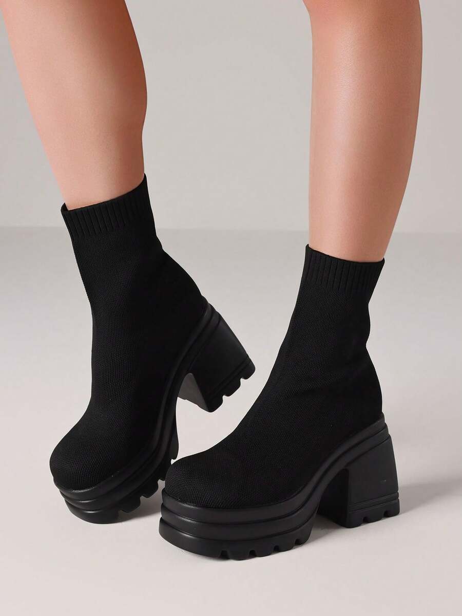 Women's Y2K Goth Platform Ankle Boots Fashion Chunky High Heels Pull On Round Toe Party Street Cosplay Boots Woman - 黑色 - 查看 1